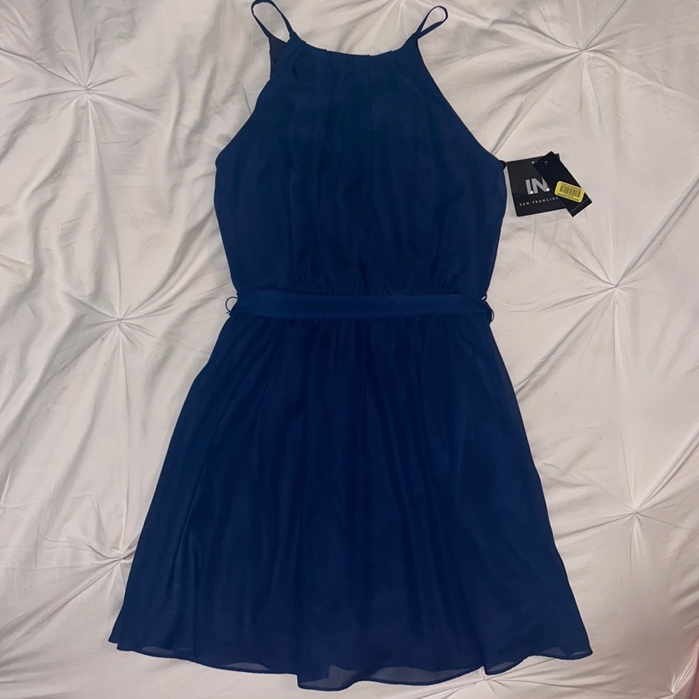 navy mini dress with cute belt tie around waist and a halter neck style
